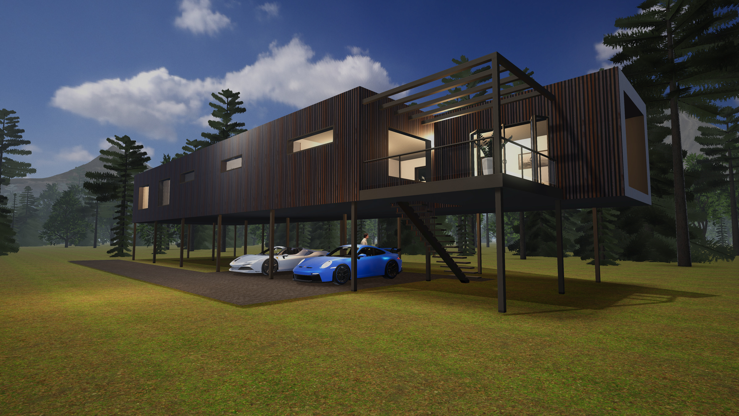 The dark-clad raised home in a misty pine forest, warm light in its windows